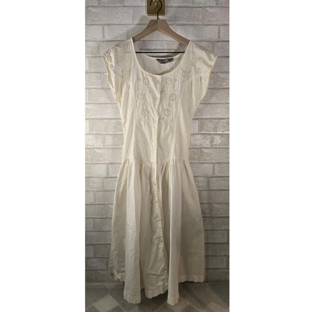 Phool White Full Button Drop Waist Midi Dress Floral Embroidery Cottagecore Sm